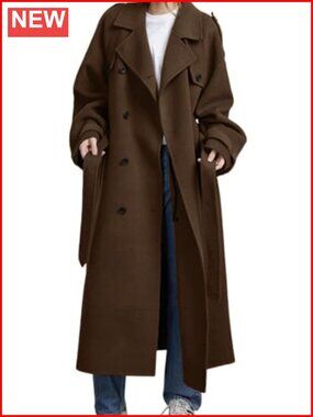Women's Double Breasted Wool Blend Trench Coat with Belt